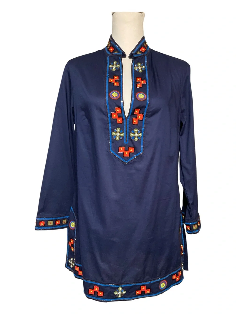 Tory Burch Embroidered Beaded Tunic Top Size 10